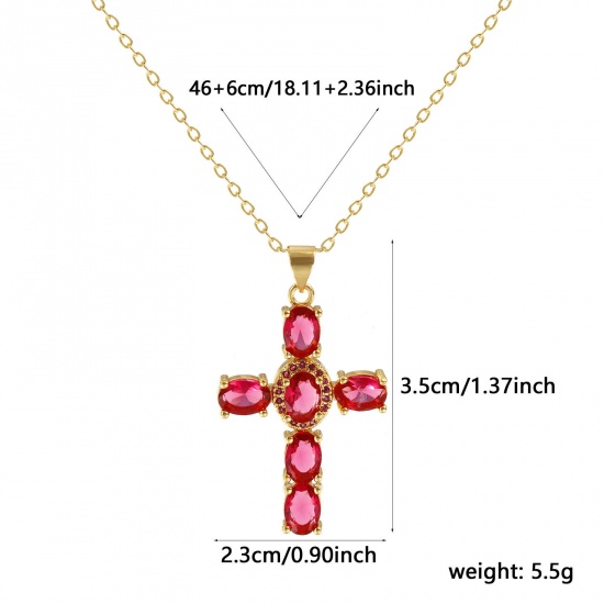 Picture of 18K Real Gold Plated Link Cable Chain Cross Pendant Charm Necklace, Brass 46cm(18.1") + 6cm(2.4"), For Women, Fuchsia Cubic Zirconia Micro Pave, Retro Religious Gift, Eco-friendly, 1 Piece