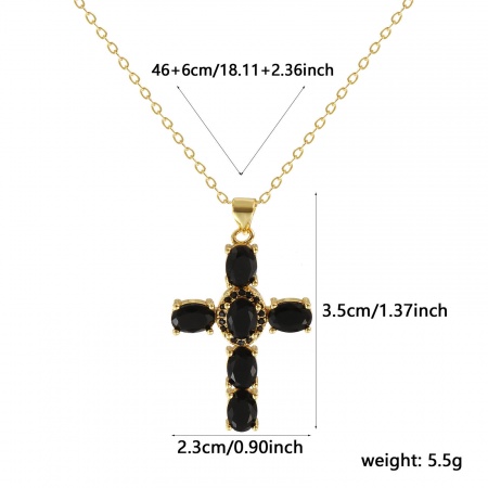 Imagen de 18K Oro Real Chapado Cadena de Cable Cruz Cruz Collar con Colgante, Latón 46cm + 6cm, Para Mujeres, Negro Circón Artificial Micro Pave, Retro Religión Regalo, Respetuoso del Medio Ambiente, 1 Unidad