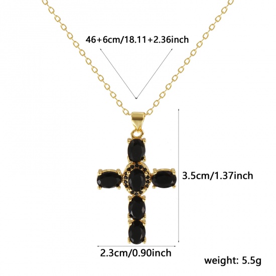 Picture of 18K Real Gold Plated Link Cable Chain Cross Pendant Charm Necklace, Brass 46cm(18.1") + 6cm(2.4"), For Women, Black Cubic Zirconia Micro Pave, Retro Religious Gift, Eco-friendly, 1 Piece