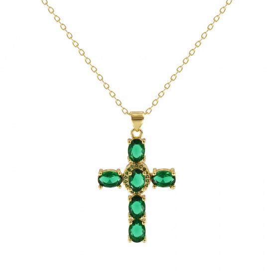Picture of 18K Real Gold Plated Link Cable Chain Cross Pendant Charm Necklace, Brass 46cm(18.1") + 6cm(2.4"), For Women, Green Cubic Zirconia Micro Pave, Retro Religious Gift, Eco-friendly, 1 Piece