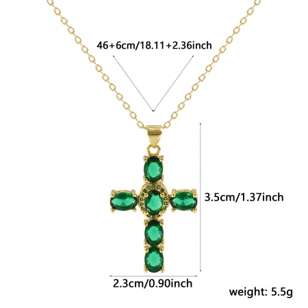 Picture of 18K Real Gold Plated Link Cable Chain Cross Pendant Charm Necklace, Brass 46cm(18.1") + 6cm(2.4"), For Women, Green Cubic Zirconia Micro Pave, Retro Religious Gift, Eco-friendly, 1 Piece