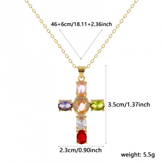 Picture of 18K Real Gold Plated Link Cable Chain Cross Pendant Charm Necklace, Brass 46cm(18.1") + 6cm(2.4"), For Women, Multicolour Cubic Zirconia Micro Pave, Retro Religious Gift, Eco-friendly, 1 Piece