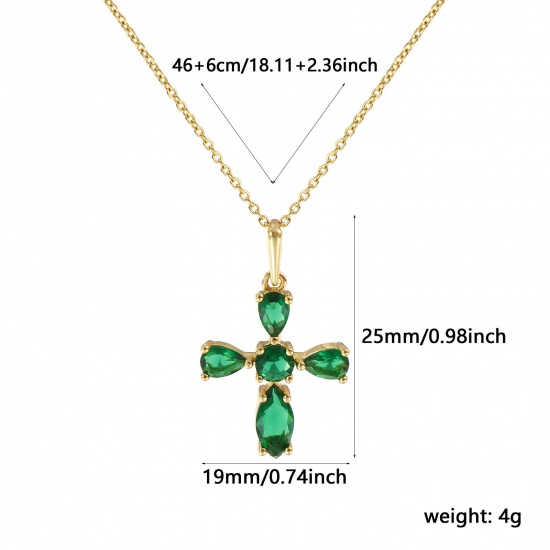 Picture of 18K Real Gold Plated Link Cable Chain Cross Pendant Charm Necklace, Brass 46cm(18.1") + 6cm(2.4"), For Women, Green Rhinestone Retro Religious Gift, Eco-friendly, 1 Piece