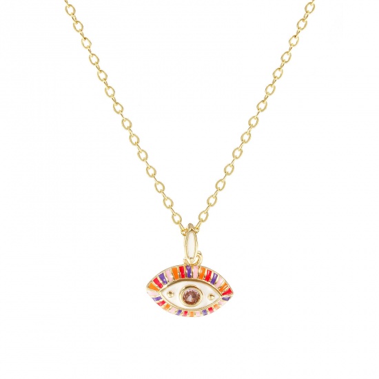 Immagine di 18K Real Gold Plated Link Cable Chain Eye Pendant Charm Necklace, Brass 46cm(18.1") + 6cm(2.4"), For Women, Pink Cubic Zirconia Multicolor Enamel Retro Exquisite Gift, Eco-friendly, 1 Piece