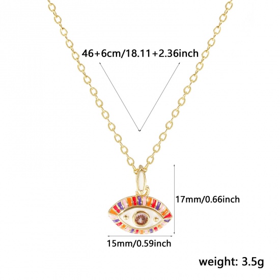 Immagine di 18K Real Gold Plated Link Cable Chain Eye Pendant Charm Necklace, Brass 46cm(18.1") + 6cm(2.4"), For Women, Pink Cubic Zirconia Multicolor Enamel Retro Exquisite Gift, Eco-friendly, 1 Piece