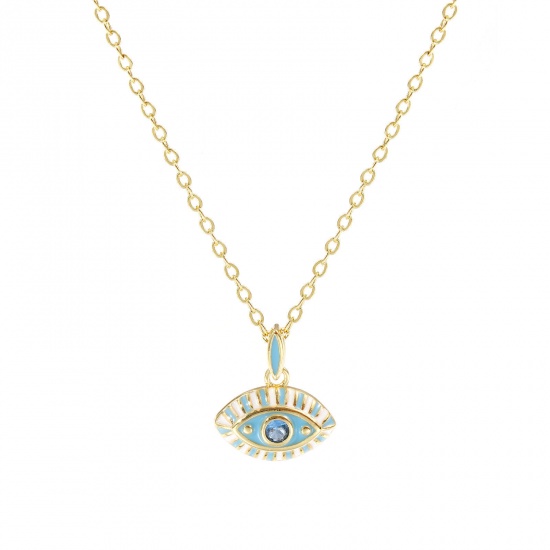Immagine di 18K Real Gold Plated Link Cable Chain Eye Pendant Charm Necklace, Brass 46cm(18.1") + 6cm(2.4"), For Women, Blue Cubic Zirconia Blue Enamel Retro Exquisite Gift, Eco-friendly, 1 Piece