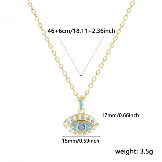 Immagine di 18K Real Gold Plated Link Cable Chain Eye Pendant Charm Necklace, Brass 46cm(18.1") + 6cm(2.4"), For Women, Blue Cubic Zirconia Blue Enamel Retro Exquisite Gift, Eco-friendly, 1 Piece