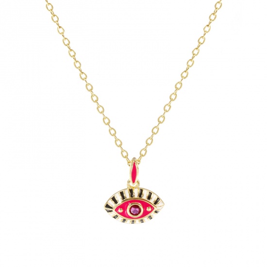 Immagine di 18K Real Gold Plated Link Cable Chain Eye Pendant Charm Necklace, Brass 46cm(18.1") + 6cm(2.4"), For Women, Wine Red Cubic Zirconia Fuchsia Enamel Retro Exquisite Gift, Eco-friendly, 1 Piece