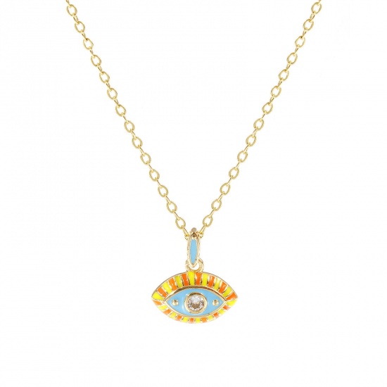Immagine di 18K Real Gold Plated Link Cable Chain Eye Pendant Charm Necklace, Brass 46cm(18.1") + 6cm(2.4"), For Women, Clear Cubic Zirconia Multicolor Enamel Retro Exquisite Gift, Eco-friendly, 1 Piece