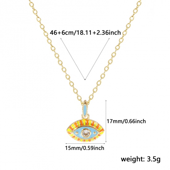 Immagine di 18K Real Gold Plated Link Cable Chain Eye Pendant Charm Necklace, Brass 46cm(18.1") + 6cm(2.4"), For Women, Clear Cubic Zirconia Multicolor Enamel Retro Exquisite Gift, Eco-friendly, 1 Piece