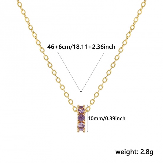Изображение 18K Real Gold Plated Link Cable Chain Circle Ring Pendant Charm Necklace, Brass 46cm(18.1") + 6cm(2.4"), For Women, Purple Cubic Zirconia February Dainty Birthstone Gift, Eco-friendly, 1 Piece