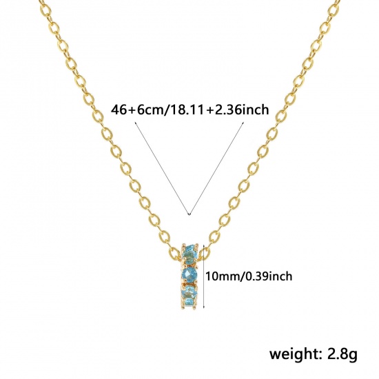 Изображение 18K Real Gold Plated Link Cable Chain Circle Ring Pendant Charm Necklace, Brass 46cm(18.1") + 6cm(2.4"), For Women, Aqua Blue Cubic Zirconia March Dainty Birthstone Gift, Eco-friendly, 1 Piece