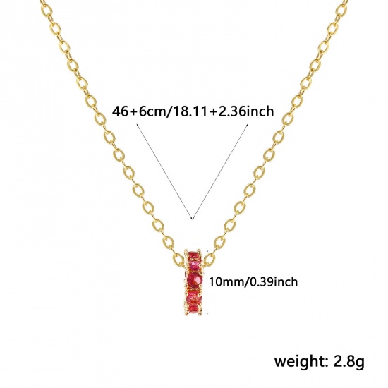 Изображение 18K Real Gold Plated Link Cable Chain Circle Ring Pendant Charm Necklace, Brass 46cm(18.1") + 6cm(2.4"), For Women, Fuchsia Cubic Zirconia July Dainty Birthstone Gift, Eco-friendly, 1 Piece