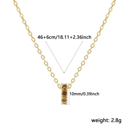 Изображение 18K Real Gold Plated Link Cable Chain Circle Ring Pendant Charm Necklace, Brass 46cm(18.1") + 6cm(2.4"), For Women, Olive Green Cubic Zirconia August Dainty Birthstone Gift, Eco-friendly, 1 Piece