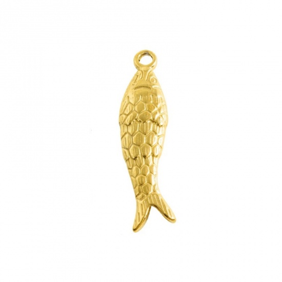 Bild von 2 Stück Umweltfreundliche PVD-Vakuumbeschichtung 304 Edelstahl Ozean Schmuck Anhänger 18K Vergoldet Fisch 3D 4.4cm x 1.1cm