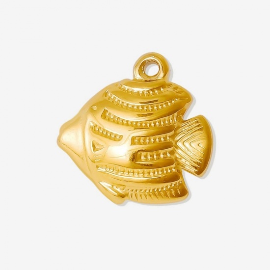 Bild von 2 Stück Umweltfreundliche PVD-Vakuumbeschichtung 304 Edelstahl Ozean Schmuck Charms 18K Vergoldet Tropischer Fisch 3D 18mm x 17mm