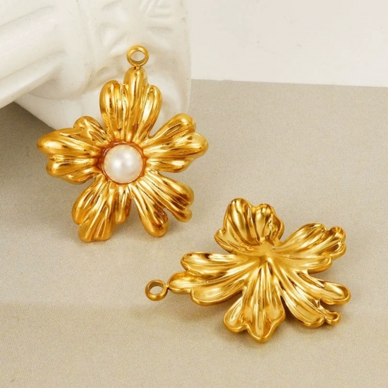 Imagen de 1 Unidad Recubrimiento al Vacío PVD Ecológico Acero Inoxidable 304 & Perla Natural Colgantes Chapado en Oro de 18K Blanco Flor 26mm x 23mm