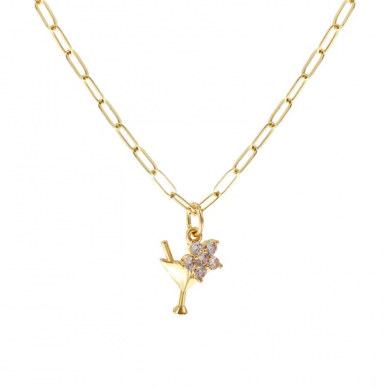 Picture of 18K Real Gold Plated Paperclip Link Chain Wine Glass Pendant Charm Necklace, Brass 45cm(17.7") + 5cm(2"), For Women, Clear Cubic Zirconia Flower Micro Pave, Stylish Exquisite Gift, Eco-friendly, 1 Piece