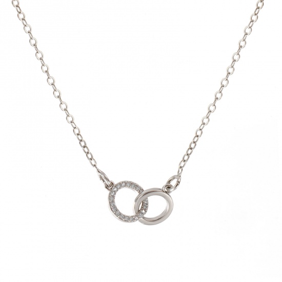 Image de Collier à Breloques Double Cercle Plaqué Platine Véritable en Laiton Pour Femmes, Chaîne Maille Forçat 46cm + 5cm, à Zircone Cubique Clair Micro Pave, Exquis À la Mode Cadeau, Respectueux de la Nature, 1 Pièce