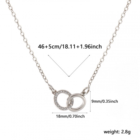 Picture of Real Platinum Plated Link Cable Chain Double Rings Pendant Charm Necklace, Brass 46cm(18.1") + 5cm(2"), For Women, Clear Cubic Zirconia Micro Pave, Stylish Exquisite Gift, Eco-friendly, 1 Piece