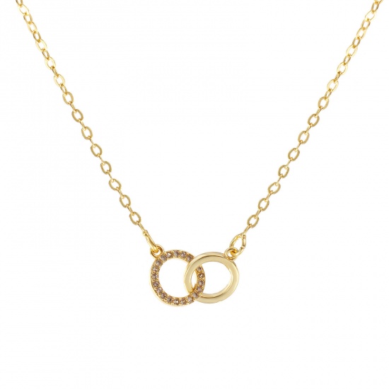 Image de Collier à Breloques Double Cercle Plaqué Or Véritable 18K en Laiton Pour Femmes, Chaîne Maille Forçat 46cm + 5cm, à Zircone Cubique Clair Micro Pave, Exquis À la Mode Cadeau, Respectueux de la Nature, 1 Pièce