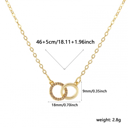 Picture of 18K Real Gold Plated Link Cable Chain Double Rings Pendant Charm Necklace, Brass 46cm(18.1") + 5cm(2"), For Women, Clear Cubic Zirconia Micro Pave, Stylish Exquisite Gift, Eco-friendly, 1 Piece