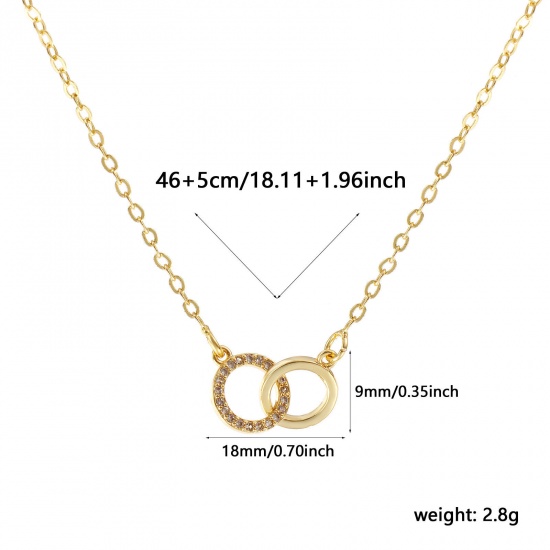 Image de Collier à Breloques Double Cercle Plaqué Or Véritable 18K en Laiton Pour Femmes, Chaîne Maille Forçat 46cm + 5cm, à Zircone Cubique Clair Micro Pave, Exquis À la Mode Cadeau, Respectueux de la Nature, 1 Pièce