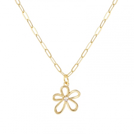 18K Real Gold Plated Paperclip Link Chain Flower Pendant Charm Necklace, Brass 45cm(17.7") + 5cm(2"), For Women, Clear Cubic Zirconia Hollow, Stylish Exquisite Gift, Eco-friendly, 1 Piece