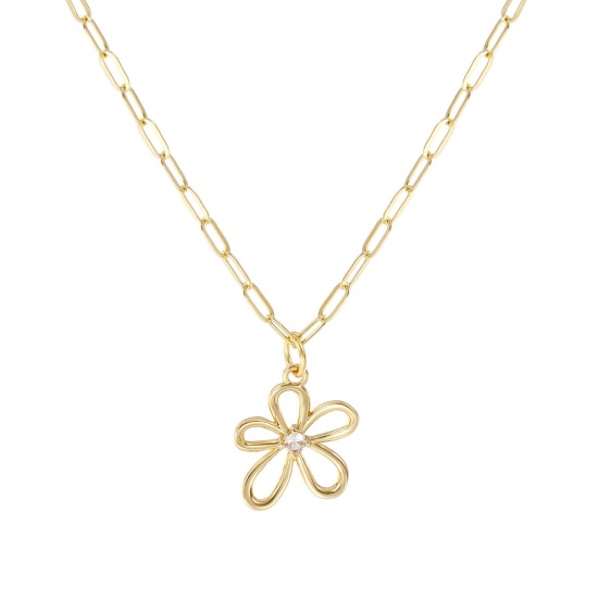 Immagine di 18K Vero Oro Placcato Catena a Graffetta Fiore Collana con Ciondolo, Ottone 45cm + 5cm, Per Donne, Trasparente Cubic Zirconiae Filigrana, Elegante Squisito Regalo, Ecologico, 1 Pz