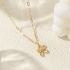 Image de Collier à Breloques Fleur Plaqué Or Véritable 18K en Laiton Pour Femmes, Chaîne de Trombone 45cm + 5cm, à Zircone Cubique Clair Creux, Exquis À la Mode Cadeau, Respectueux de la Nature, 1 Pièce