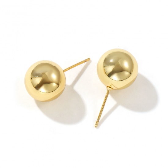 Immagine di 1 Paio Ecologico Minimalista Squisito 18K Vero Oro Placcato Ottone Palla Orecchini a Perno Per Donne Regalo 12mm Dia., Posta / Filo Dimensione: 0.8mm(20 misura)
