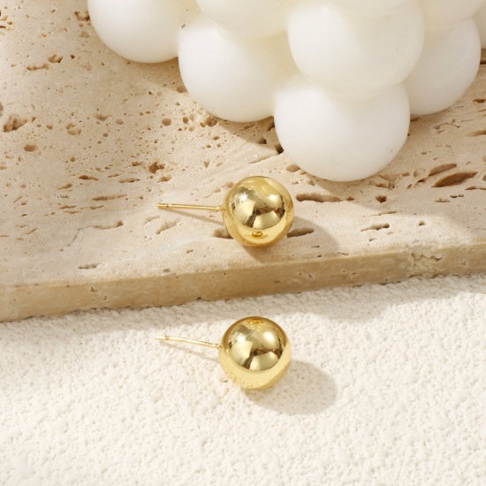 Immagine di 1 Paio Ecologico Minimalista Squisito 18K Vero Oro Placcato Ottone Palla Orecchini a Perno Per Donne Regalo 12mm Dia., Posta / Filo Dimensione: 0.8mm(20 misura)
