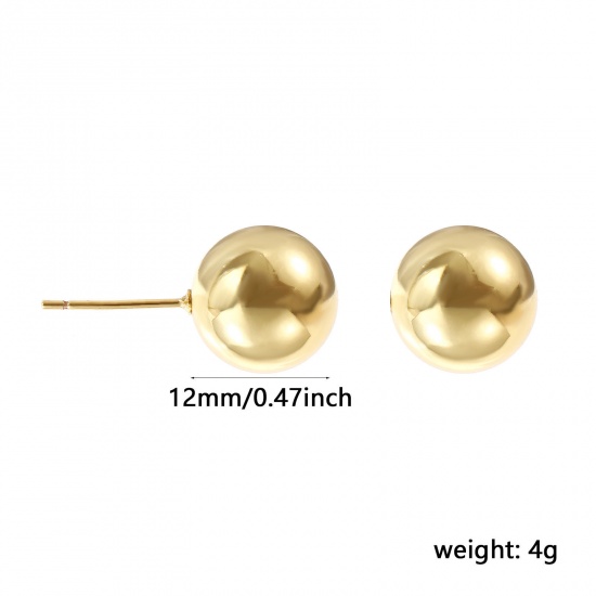 Immagine di 1 Paio Ecologico Minimalista Squisito 18K Vero Oro Placcato Ottone Palla Orecchini a Perno Per Donne Regalo 12mm Dia., Posta / Filo Dimensione: 0.8mm(20 misura)