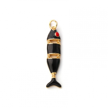 Picture of 1 Piece Eco-friendly Brass Ocean Jewelry Pendants 18K Real Gold Plated Black Enamel Fish Animal Movable 3.6cm x 0.7cm