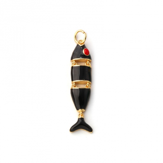 Immagine di 1 Pz Ecologico Ottone Gioielli Oceanici Ciondoli Pendenti 18K Vero Oro Placcato Nero Smalto Pesce Mobile 3.6cm x 0.7cm