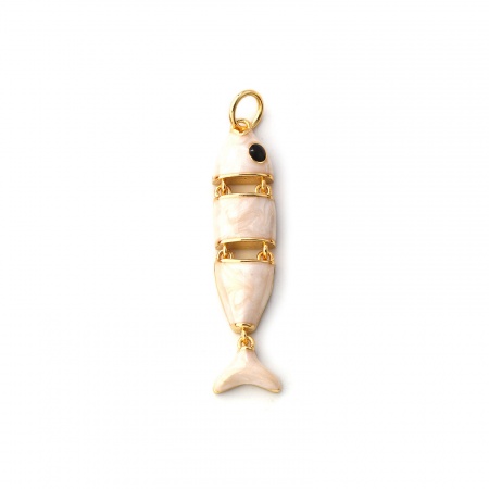 Picture of 1 Piece Eco-friendly Brass Ocean Jewelry Pendants 18K Real Gold Plated Creamy-White Enamel Fish Animal Movable 3.6cm x 0.7cm