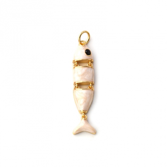 Immagine di 1 Pz Ecologico Ottone Gioielli Oceanici Ciondoli Pendenti 18K Vero Oro Placcato Bianco Sporco Smalto Pesce Mobile 3.6cm x 0.7cm