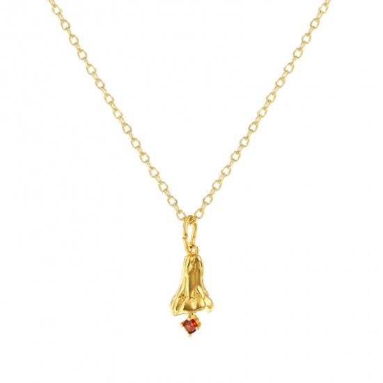 Изображение 18K Real Gold Plated Link Cable Chain Snowdrop Flower Pendant Charm Necklace, Brass 46cm(18.1") + 6cm(2.4"), For Women, Wine Red Cubic Zirconia January Birthstone Elegant Gift, Eco-friendly, 1 Piece