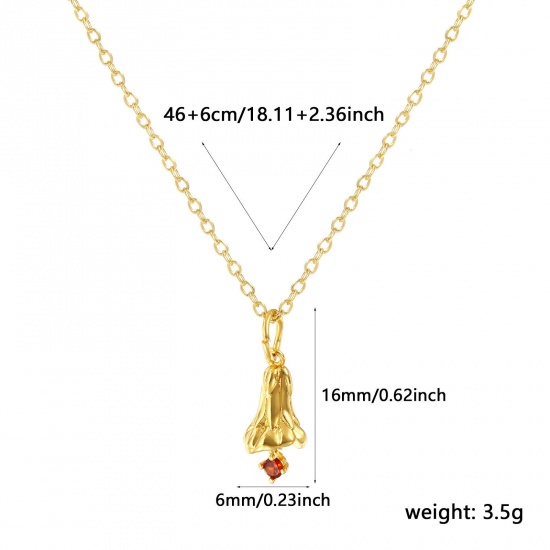 Изображение 18K Real Gold Plated Link Cable Chain Snowdrop Flower Pendant Charm Necklace, Brass 46cm(18.1") + 6cm(2.4"), For Women, Wine Red Cubic Zirconia January Birthstone Elegant Gift, Eco-friendly, 1 Piece