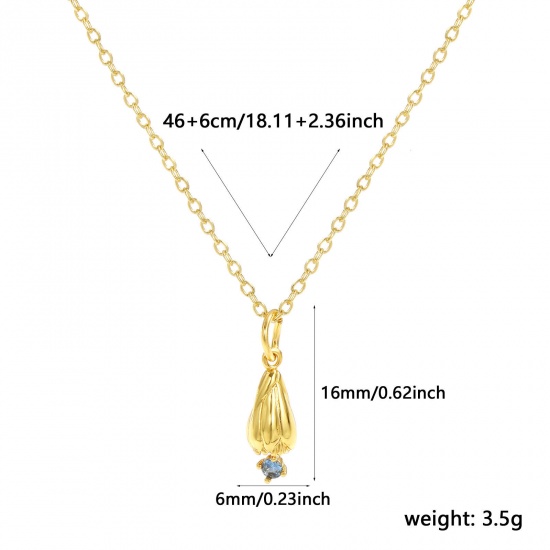Изображение 18K Real Gold Plated Link Cable Chain Daffodil Flower Pendant Charm Necklace, Brass 46cm(18.1") + 6cm(2.4"), For Women, Aqua Blue Cubic Zirconia March Birthstone Elegant Gift, Eco-friendly, 1 Piece
