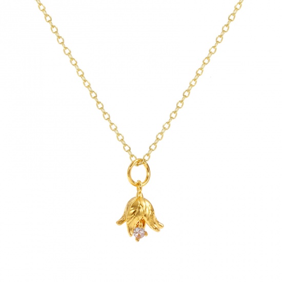 Изображение 18K Real Gold Plated Link Cable Chain Poinsettia Flower Pendant Charm Necklace, Brass 46cm(18.1") + 6cm(2.4"), For Women, Clear Cubic Zirconia December Birthstone Elegant Gift, Eco-friendly, 1 Piece