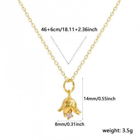 Изображение 18K Real Gold Plated Link Cable Chain Poinsettia Flower Pendant Charm Necklace, Brass 46cm(18.1") + 6cm(2.4"), For Women, Clear Cubic Zirconia December Birthstone Elegant Gift, Eco-friendly, 1 Piece