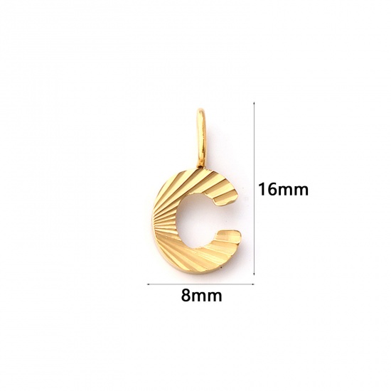 Imagen de 2 PCs Eco-friendly PVD Vacuum Plating 304 Stainless Steel Capital Alphabet Initial Letter Name Charms 18K Real Gold Plated Stripe Message " C " 16mm x 8mm