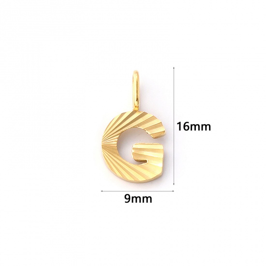 Imagen de 2 PCs Eco-friendly PVD Vacuum Plating 304 Stainless Steel Capital Alphabet Initial Letter Name Charms 18K Real Gold Plated Stripe Message " G " 16mm x 9mm
