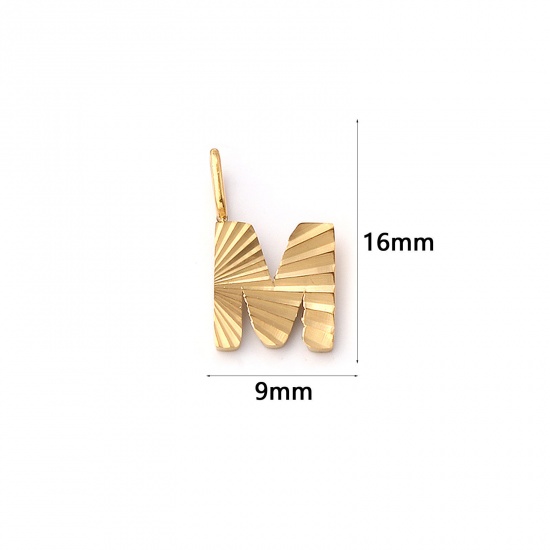 Imagen de 2 PCs Eco-friendly PVD Vacuum Plating 304 Stainless Steel Capital Alphabet Initial Letter Name Charms 18K Real Gold Plated Stripe Message " M " 16mm x 9mm