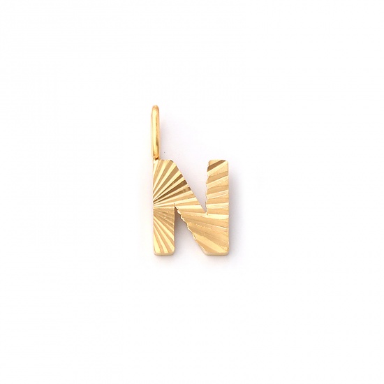 Imagen de 2 PCs Eco-friendly PVD Vacuum Plating 304 Stainless Steel Capital Alphabet Initial Letter Name Charms 18K Real Gold Plated Stripe Message " N " 16mm x 8mm