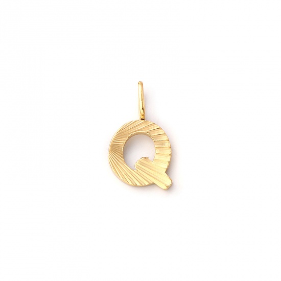 Imagen de 2 PCs Eco-friendly PVD Vacuum Plating 304 Stainless Steel Capital Alphabet Initial Letter Name Charms 18K Real Gold Plated Stripe Message " Q " 16mm x 9mm