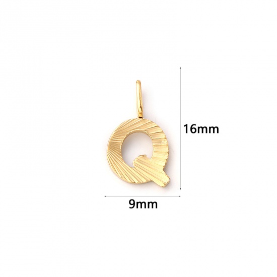 Imagen de 2 PCs Eco-friendly PVD Vacuum Plating 304 Stainless Steel Capital Alphabet Initial Letter Name Charms 18K Real Gold Plated Stripe Message " Q " 16mm x 9mm