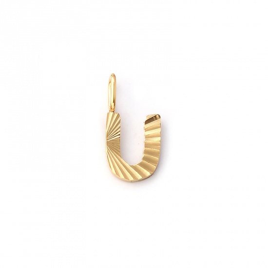 Imagen de 2 PCs Eco-friendly PVD Vacuum Plating 304 Stainless Steel Capital Alphabet Initial Letter Name Charms 18K Real Gold Plated Stripe Message " U " 16mm x 8mm