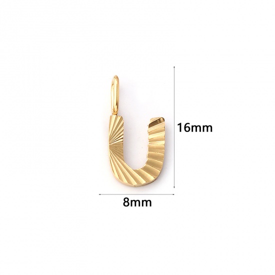 Imagen de 2 PCs Eco-friendly PVD Vacuum Plating 304 Stainless Steel Capital Alphabet Initial Letter Name Charms 18K Real Gold Plated Stripe Message " U " 16mm x 8mm
